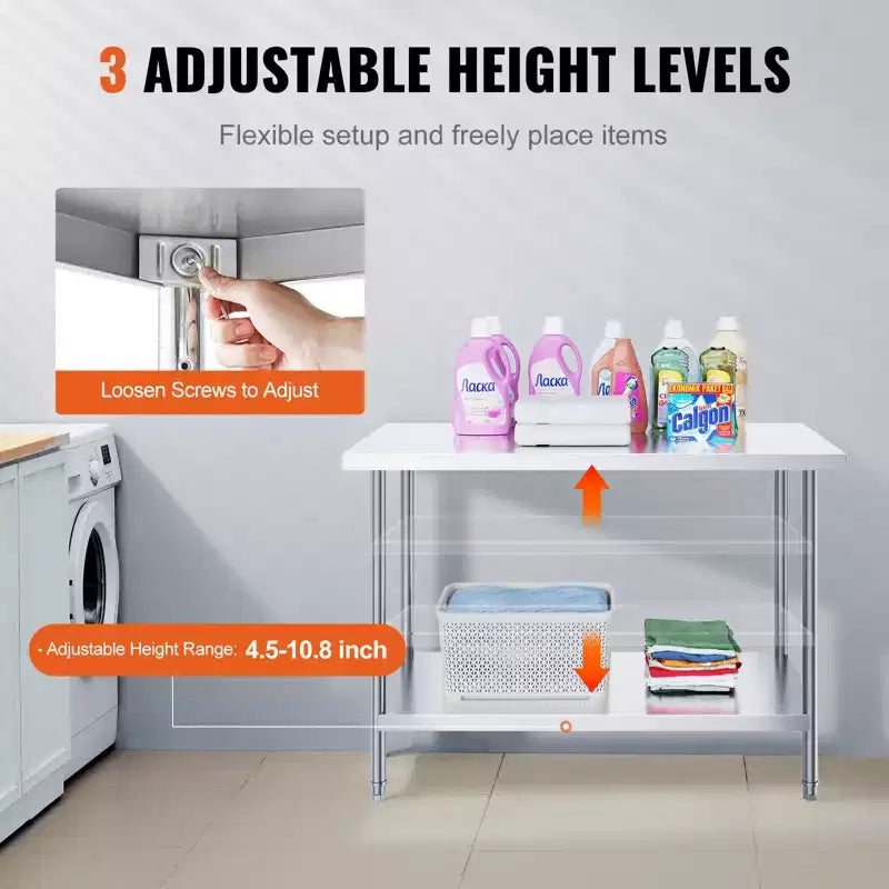 Tavolo da preparazione in acciaio inossidabile, 61 x 122 x 86 cm, capacità di carico 363 kg, banco da lavoro in metallo per carichi pesanti con 3 livelli di altezza regolabili