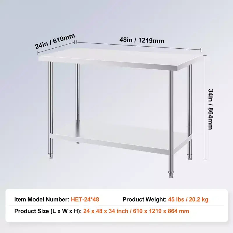 Tavolo da preparazione in acciaio inossidabile, 61 x 122 x 86 cm, capacità di carico 363 kg, banco da lavoro in metallo per carichi pesanti con 3 livelli di altezza regolabili