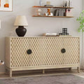 63 Buffet Cabinet with Storage, Distressed Storage Cabinet with 4 Carved Doors and Adjustable Shelf, Yellow