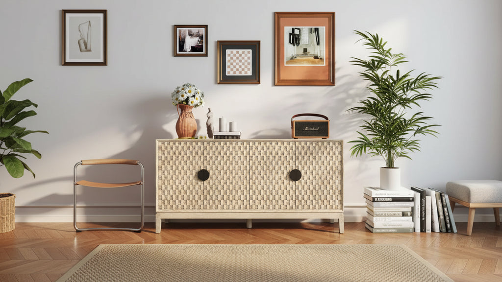 Mobile buffet da 63" con contenitore, credenza effetto invecchiato con 4 ante intagliate e ripiano regolabile, giallo