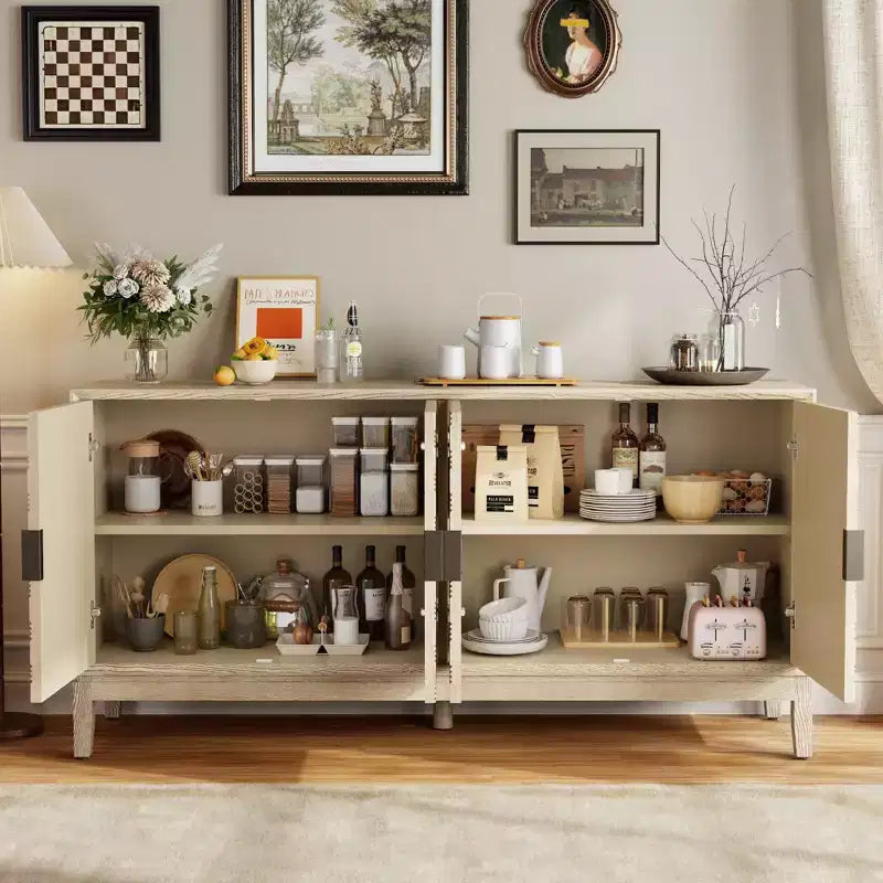 Mobile buffet da 63" con contenitore, credenza effetto invecchiato con 4 ante intagliate e ripiano regolabile, giallo
