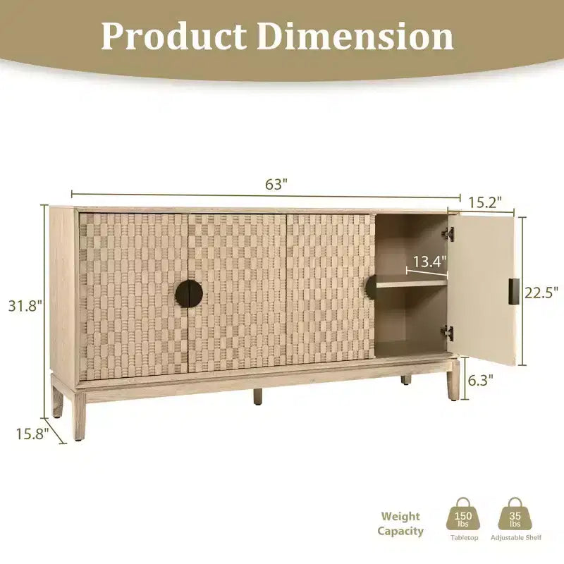 Mobile buffet da 63" con contenitore, credenza effetto invecchiato con 4 ante intagliate e ripiano regolabile, giallo