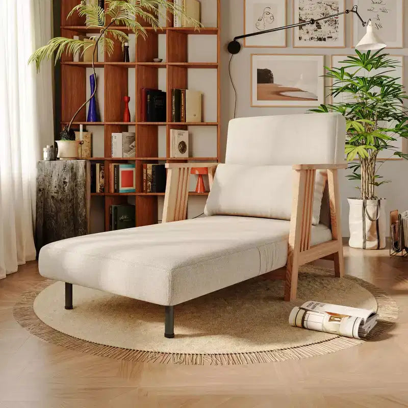 Poltrona Accent Futon trasformabile con rivestimento in tessuto, Chaise longue con telaio in legno massiccio per camera da letto e soggiorno, Beige