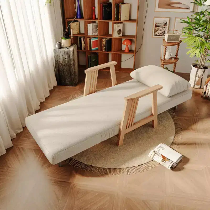 Poltrona Accent Futon trasformabile con rivestimento in tessuto, Chaise longue con telaio in legno massiccio per camera da letto e soggiorno, Beige