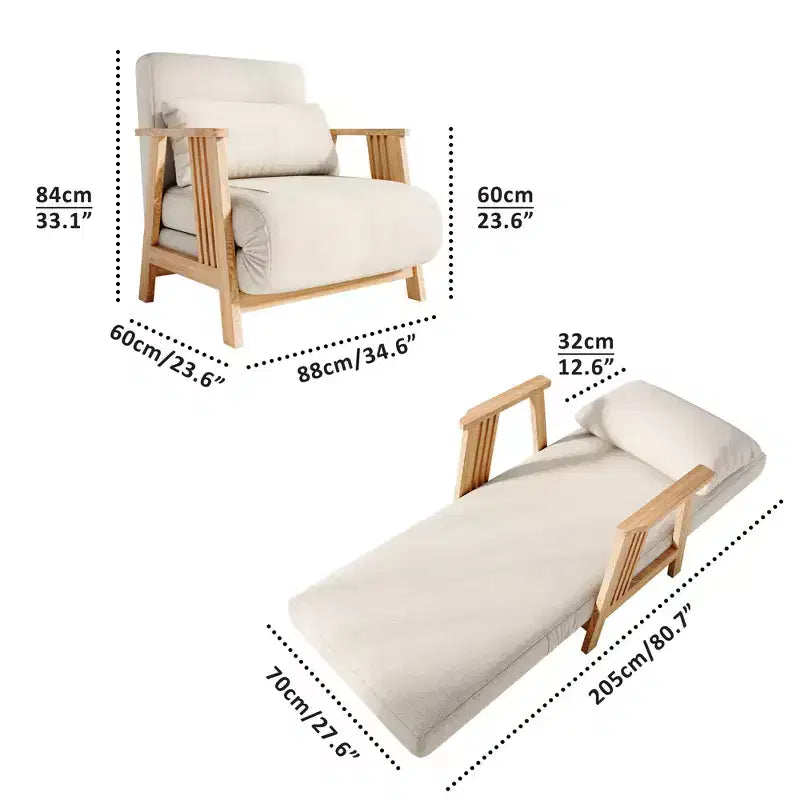 Poltrona Accent Futon trasformabile con rivestimento in tessuto, Chaise longue con telaio in legno massiccio per camera da letto e soggiorno, Beige