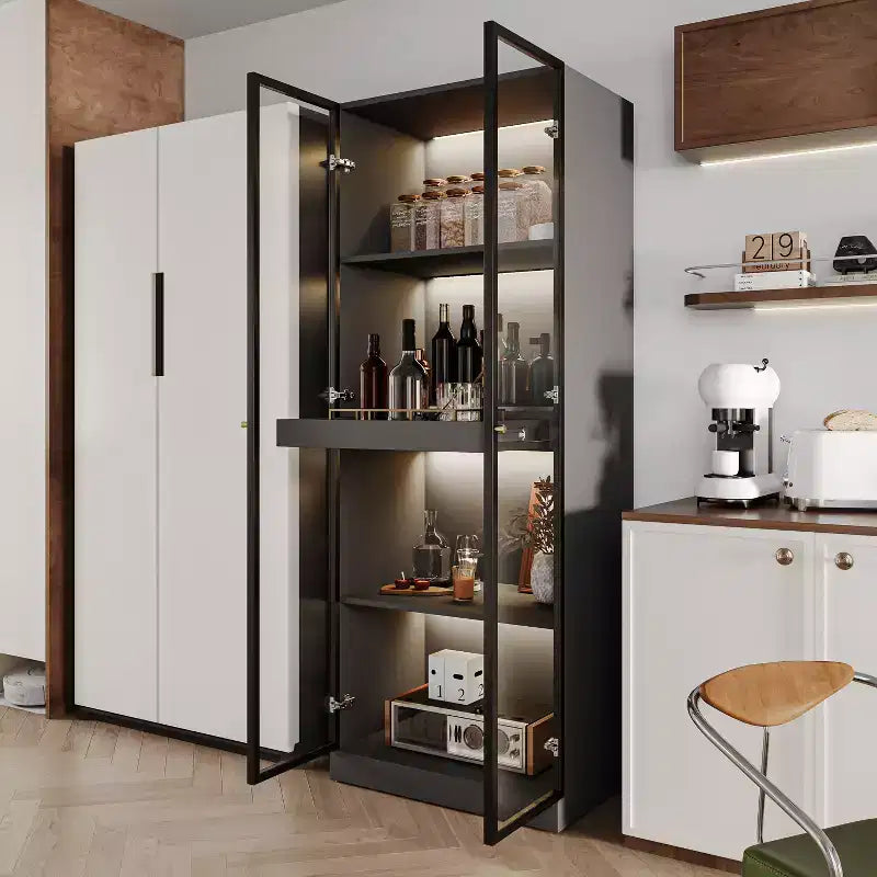 Vetrina da cucina cinese con ripiano estraibile per bar, 60 cm, in vetro nero, con ante in vetro e luce LED senza fili