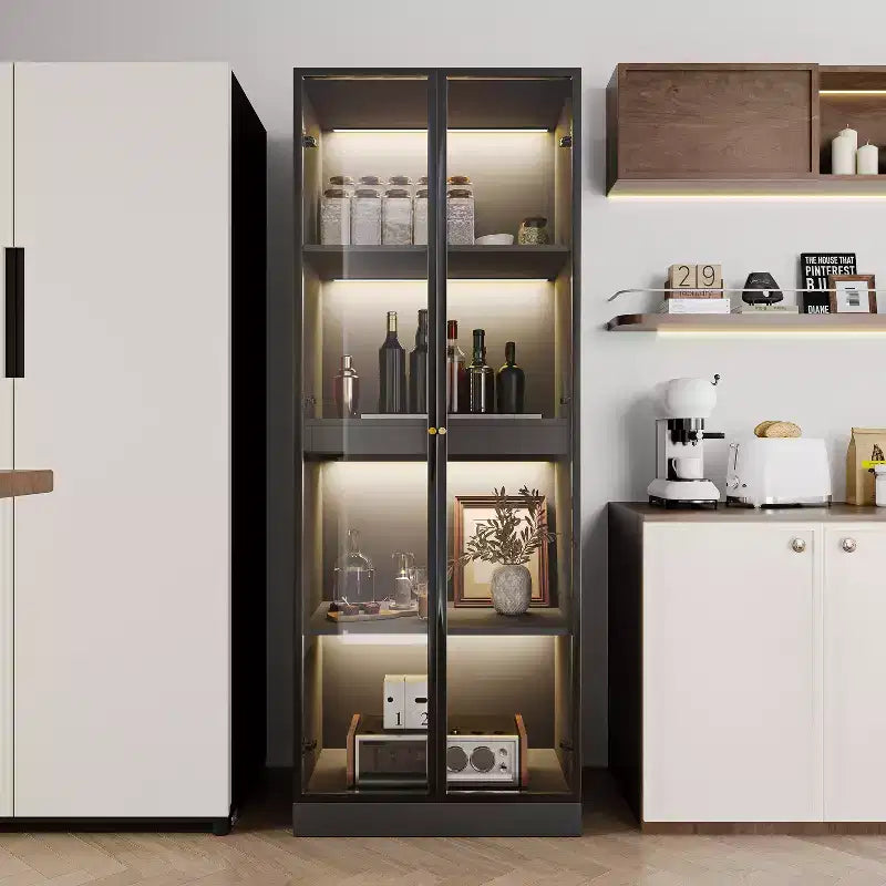 Vetrina da cucina cinese con ripiano estraibile per bar, 60 cm, in vetro nero, con ante in vetro e luce LED senza fili