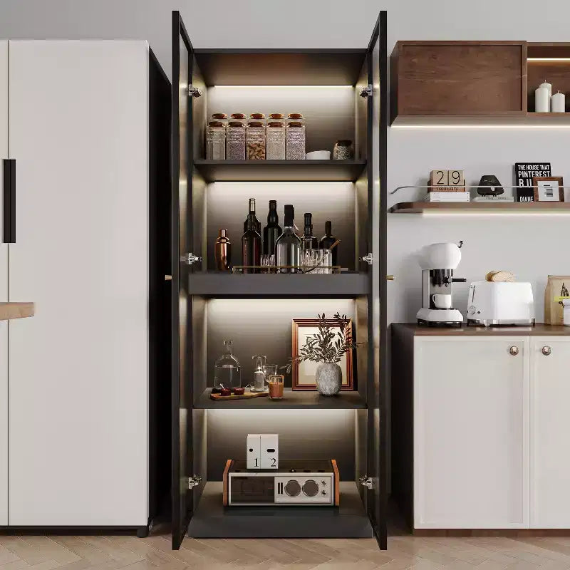 Vetrina da cucina cinese con ripiano estraibile per bar, 60 cm, in vetro nero, con ante in vetro e luce LED senza fili
