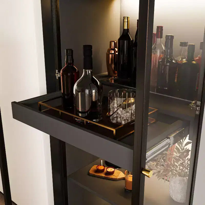 Vetrina da cucina cinese con ripiano estraibile per bar, 60 cm, in vetro nero, con ante in vetro e luce LED senza fili