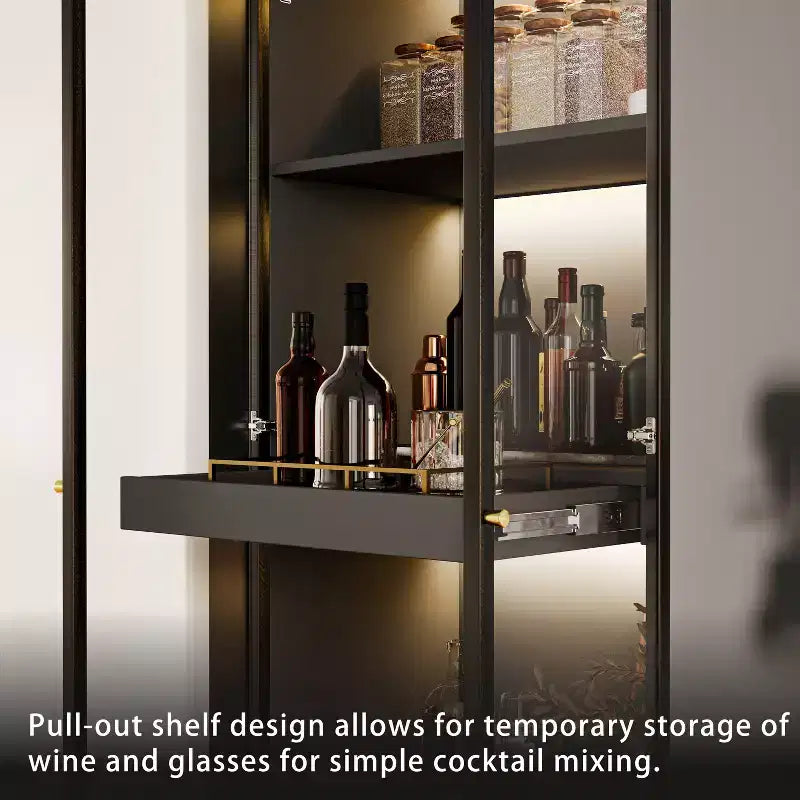 Vetrina da cucina cinese con ripiano estraibile per bar, 60 cm, in vetro nero, con ante in vetro e luce LED senza fili