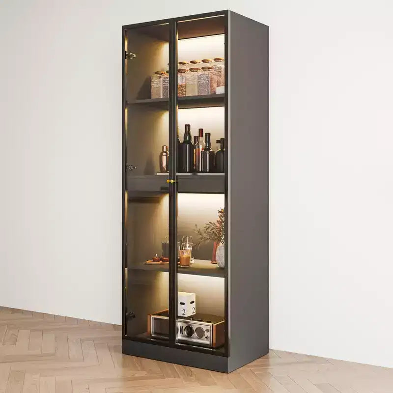 Vetrina da cucina cinese con ripiano estraibile per bar, 60 cm, in vetro nero, con ante in vetro e luce LED senza fili