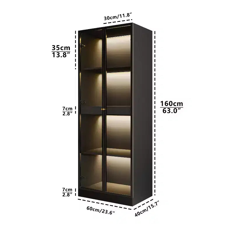 Vetrina da cucina cinese con ripiano estraibile per bar, 60 cm, in vetro nero, con ante in vetro e luce LED senza fili