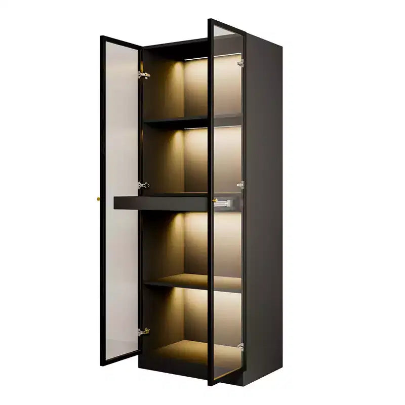 Vetrina da cucina cinese con ripiano estraibile per bar, 60 cm, in vetro nero, con ante in vetro e luce LED senza fili