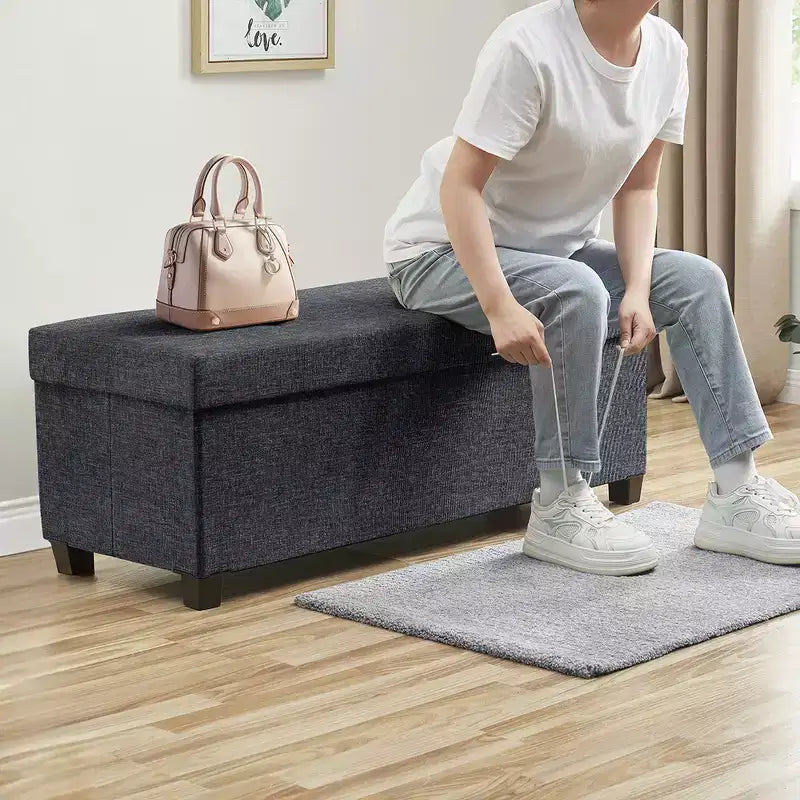 Panca contenitore pieghevole in lino trapuntato da 109 cm con gambe, ideale per camera da letto, ingresso e soggiorno