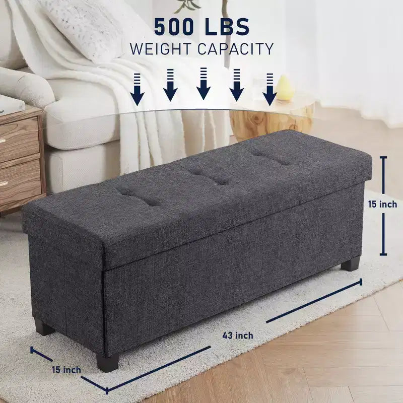Panca contenitore pieghevole in lino trapuntato da 109 cm con gambe, ideale per camera da letto, ingresso e soggiorno