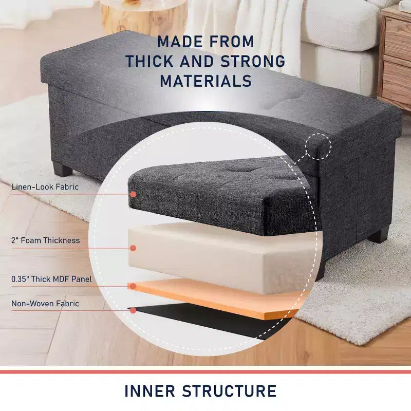 Panca contenitore pieghevole in lino trapuntato da 109 cm con gambe, ideale per camera da letto, ingresso e soggiorno
