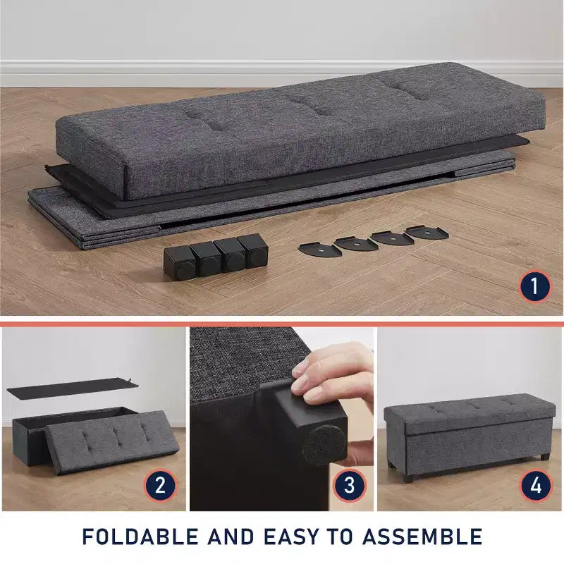 Panca contenitore pieghevole in lino trapuntato da 109 cm con gambe, ideale per camera da letto, ingresso e soggiorno