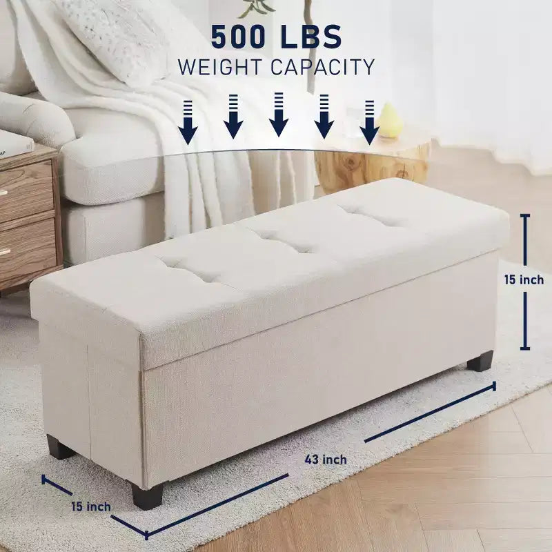 Panca contenitore pieghevole in lino trapuntato da 109 cm con gambe, ideale per camera da letto, ingresso e soggiorno