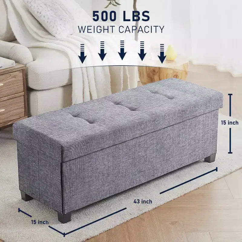 Panca contenitore pieghevole in lino trapuntato da 109 cm con gambe, ideale per camera da letto, ingresso e soggiorno