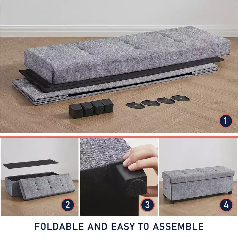 Panca contenitore pieghevole in lino trapuntato da 109 cm con gambe, ideale per camera da letto, ingresso e soggiorno