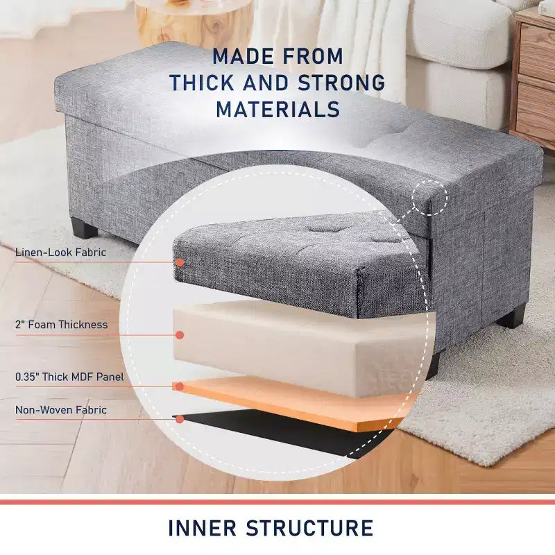 Panca contenitore pieghevole in lino trapuntato da 109 cm con gambe, ideale per camera da letto, ingresso e soggiorno