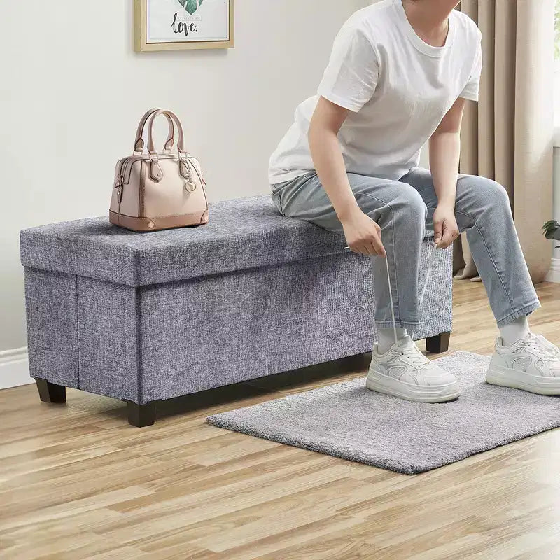 Panca contenitore pieghevole in lino trapuntato da 109 cm con gambe, ideale per camera da letto, ingresso e soggiorno