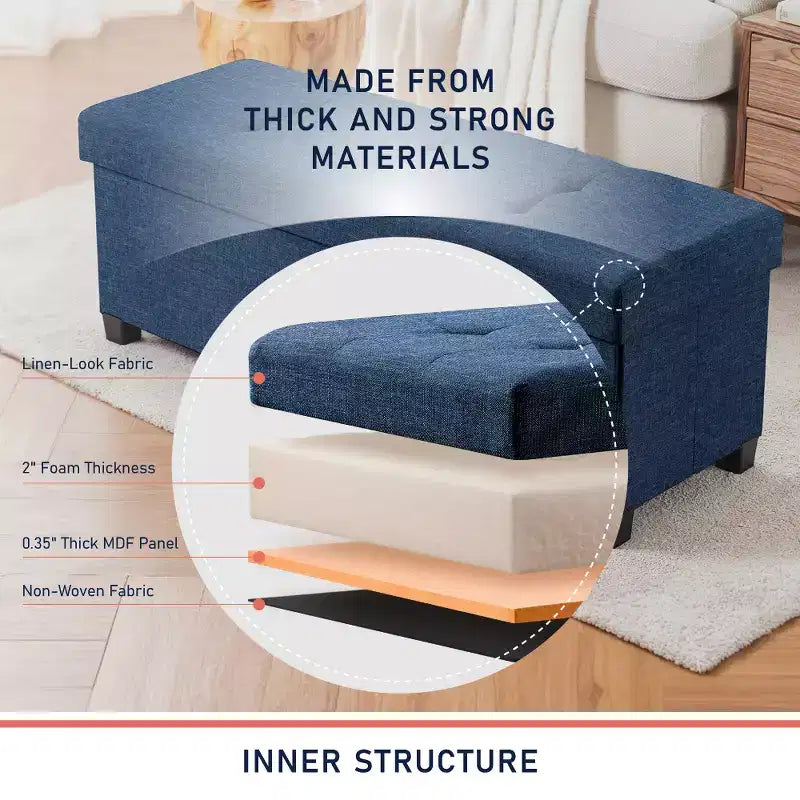 Panca contenitore pieghevole in lino trapuntato da 109 cm con gambe, ideale per camera da letto, ingresso e soggiorno