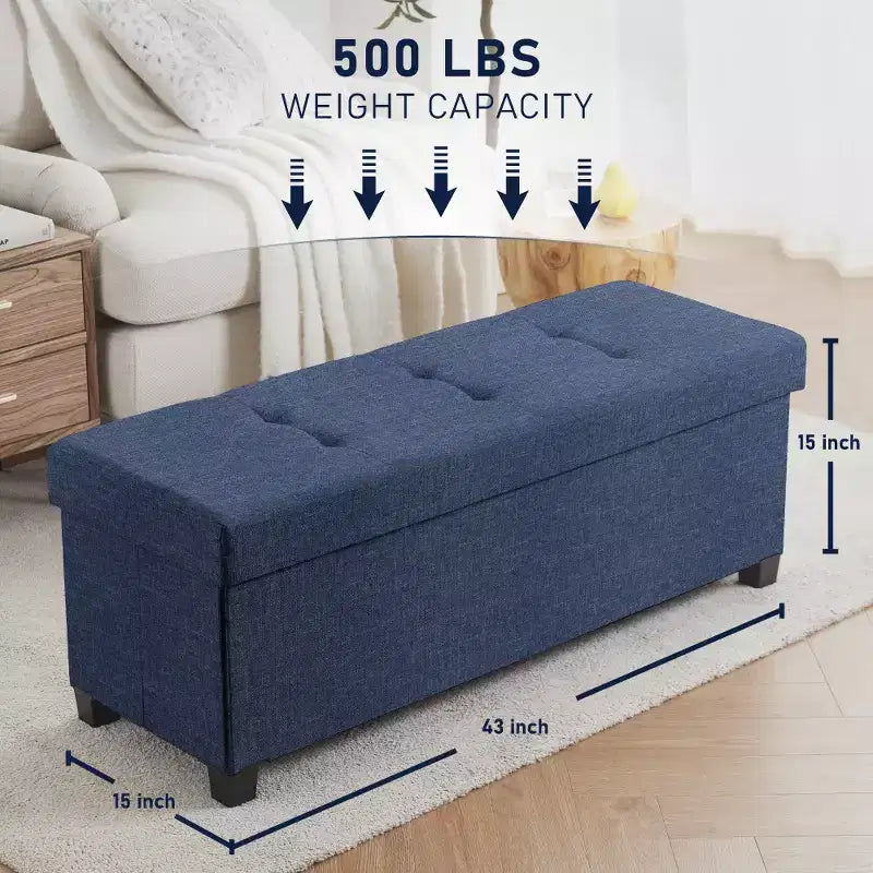 Panca contenitore pieghevole in lino trapuntato da 109 cm con gambe, ideale per camera da letto, ingresso e soggiorno