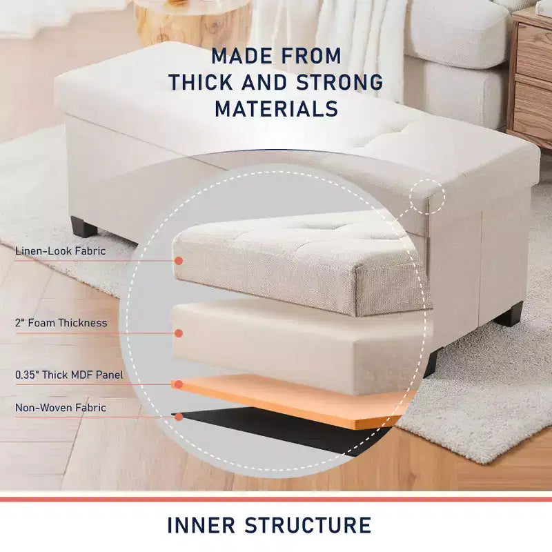 Panca contenitore pieghevole in lino trapuntato da 109 cm con gambe, ideale per camera da letto, ingresso e soggiorno