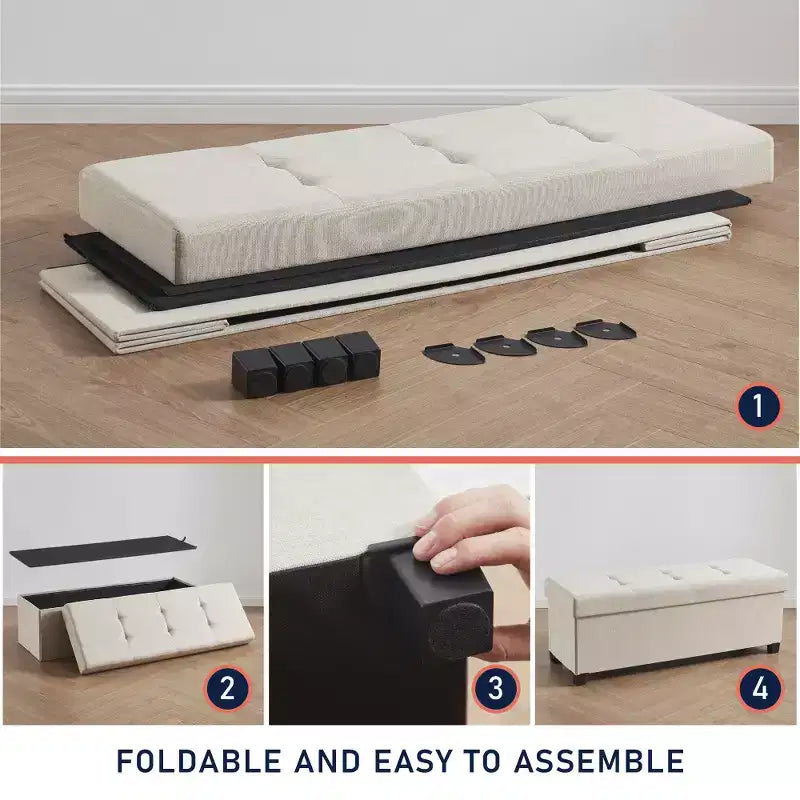 Panca contenitore pieghevole in lino trapuntato da 109 cm con gambe, ideale per camera da letto, ingresso e soggiorno