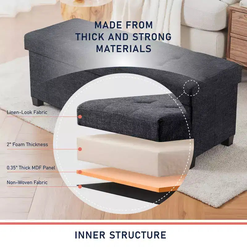Panca contenitore pieghevole in lino trapuntato da 109 cm con gambe, ideale per camera da letto, ingresso e soggiorno