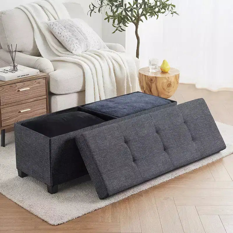 Panca contenitore pieghevole in lino trapuntato da 109 cm con gambe, ideale per camera da letto, ingresso e soggiorno