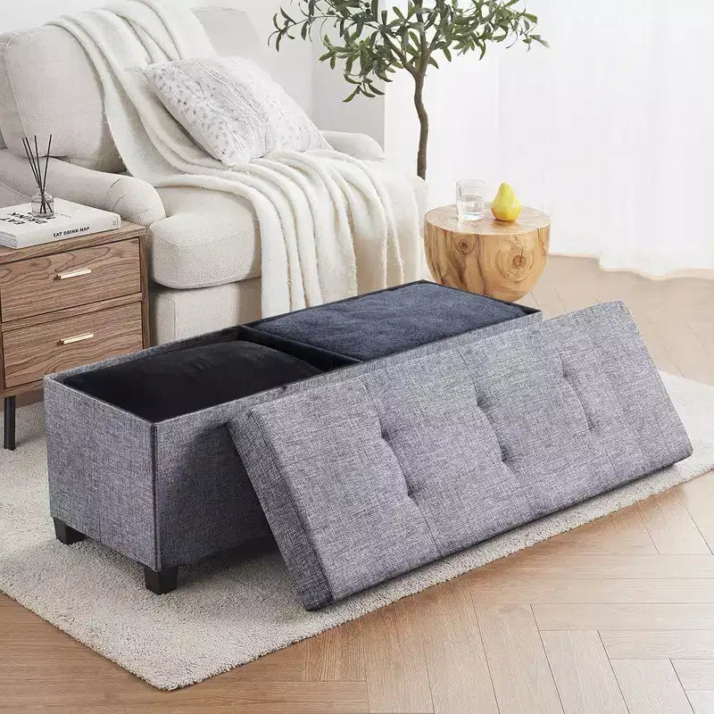 Panca contenitore pieghevole in lino trapuntato da 109 cm con gambe, ideale per camera da letto, ingresso e soggiorno