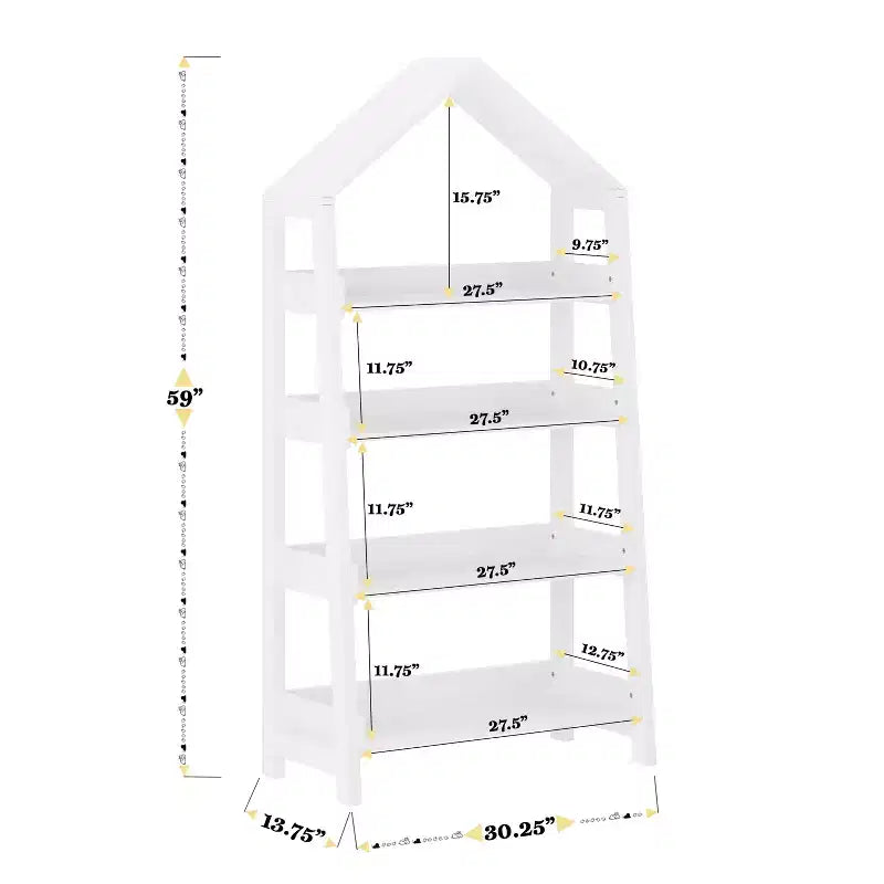 Libreria aperta in legno con parte superiore triangolare coperta, 4 ripiani e gambe squadrate