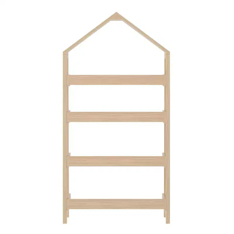Libreria aperta in legno con parte superiore triangolare coperta, 4 ripiani e gambe squadrate