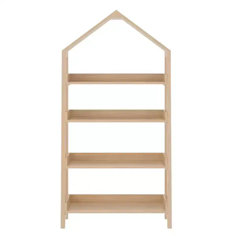 Libreria aperta in legno con parte superiore triangolare coperta, 4 ripiani e gambe squadrate