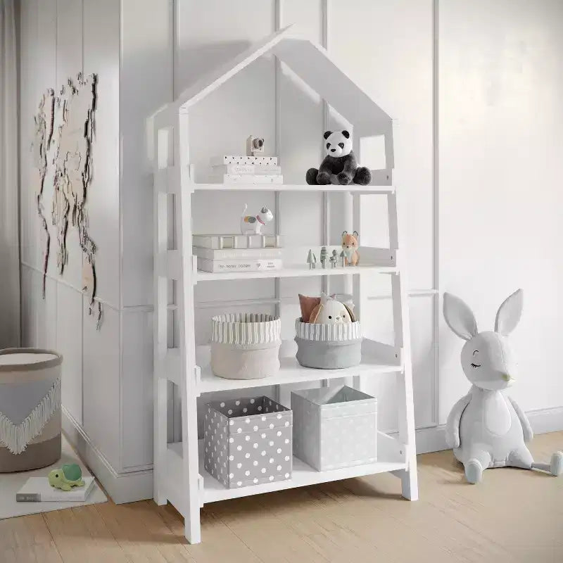 Libreria aperta in legno con parte superiore triangolare coperta, 4 ripiani e gambe squadrate