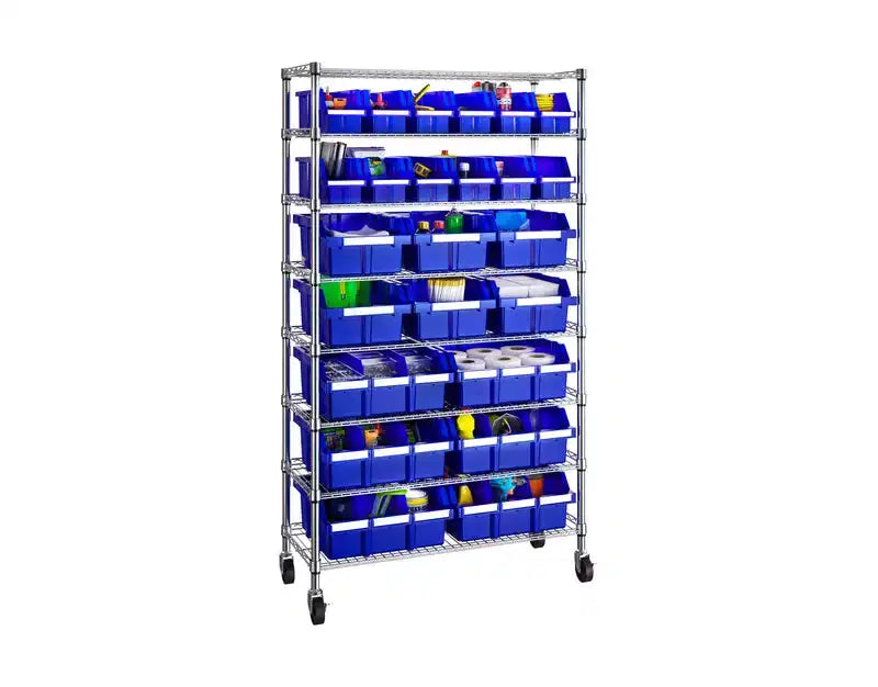 Unità di stoccaggio con scaffale a 8 ripiani e 24 contenitori, 36 x 14,25 x 63,5