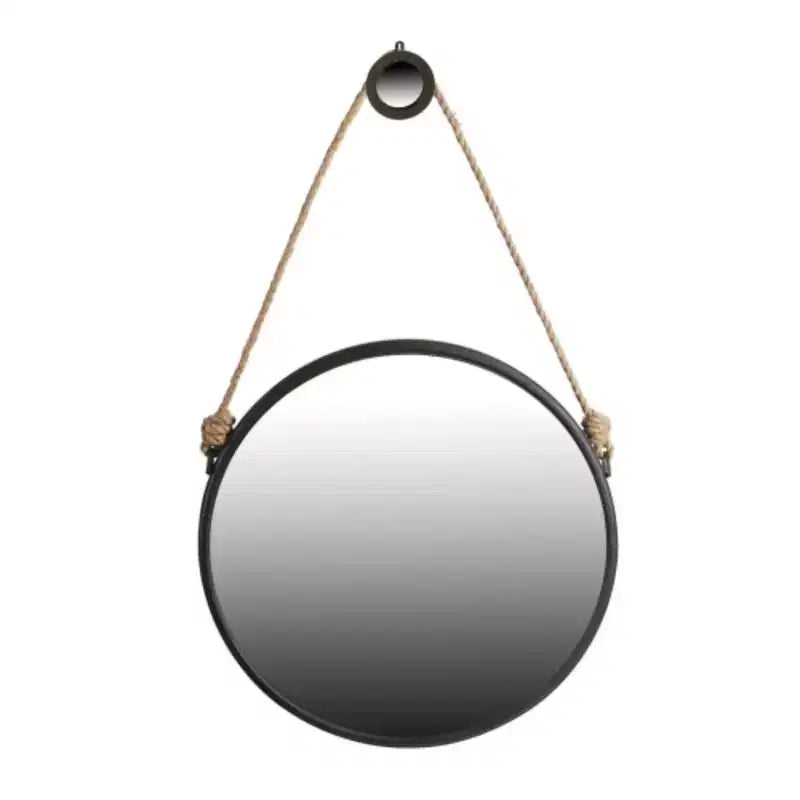 Specchio rotondo da parete di tendenza da 75 cm con cornice nera e corda, decorazione contemporanea industriale per bagno, camera da letto o soggiorno