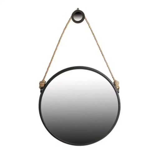 Specchio rotondo da parete di tendenza da 75 cm con cornice nera e corda, decorazione contemporanea industriale per bagno, camera da letto o soggiorno