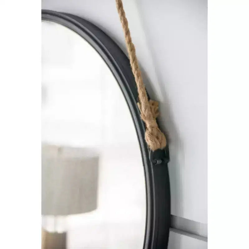 Specchio rotondo da parete di tendenza da 75 cm con cornice nera e corda, decorazione contemporanea industriale per bagno, camera da letto o soggiorno