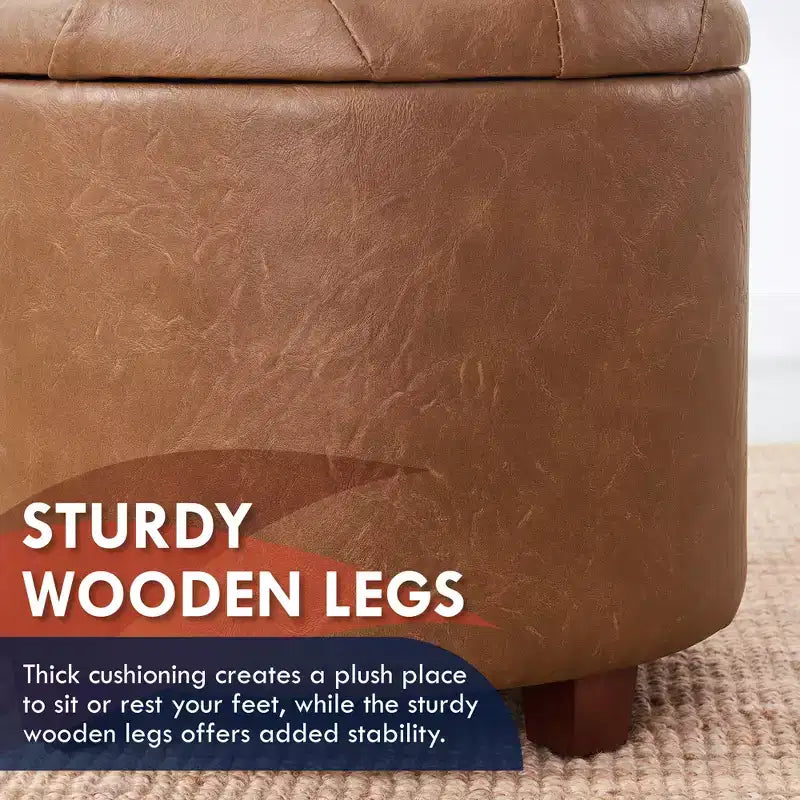 Pouf contenitore rotondo trapuntato in similpelle con gambe in legno