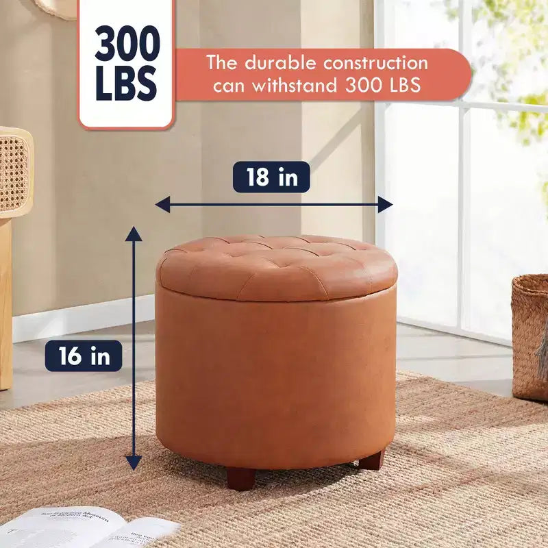 Pouf contenitore rotondo trapuntato in similpelle con gambe in legno