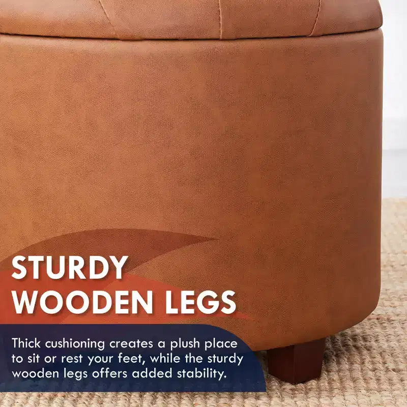 Pouf contenitore rotondo trapuntato in similpelle con gambe in legno
