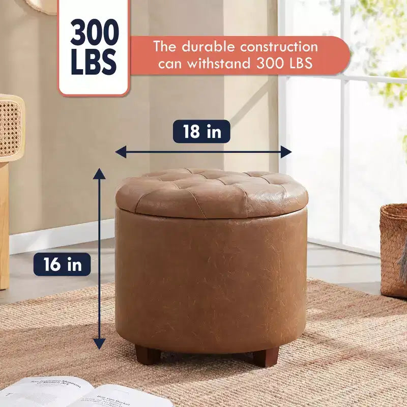 Pouf contenitore rotondo trapuntato in similpelle con gambe in legno