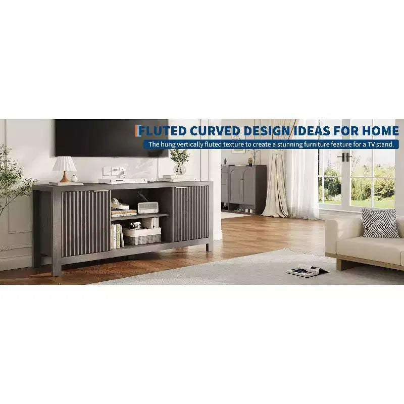 Mobile TV moderno per 70 pollici, mobile scanalato con contenitore, mobile TV moderno di metà secolo per TV da 50/55/60/65, console TV in rovere resistente