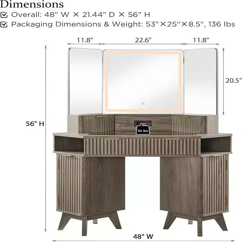 Mobile Toeletta Angolare con Specchio LED e Stazione di Ricarica, Tavolo da Trucco Scanalato da 122 cm con Piano in Vetro e Armadietti Contenitori