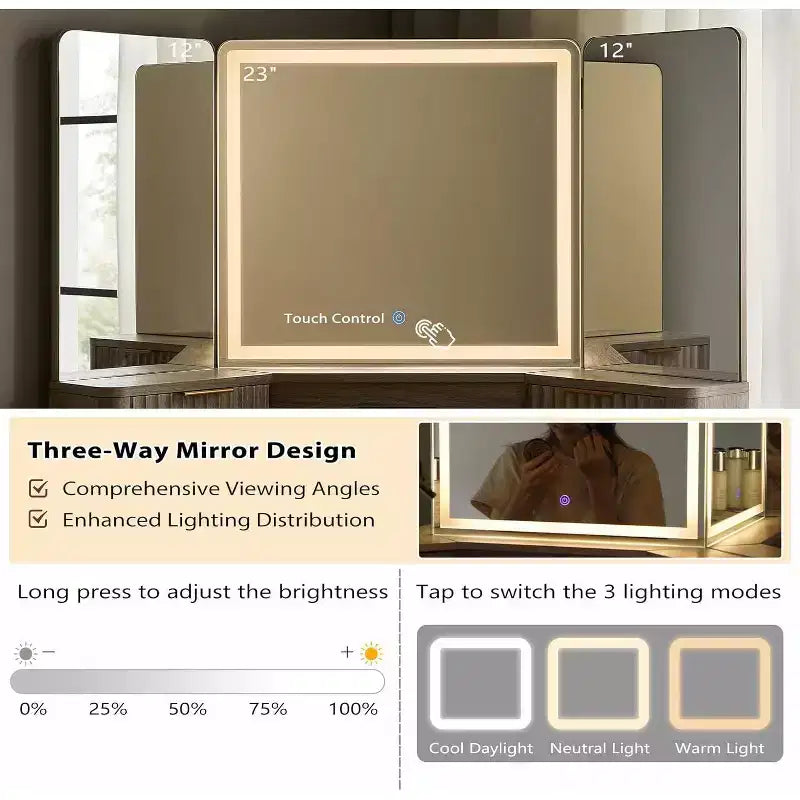 Mobile Toeletta Angolare con Specchio LED e Stazione di Ricarica, Tavolo da Trucco Scanalato da 122 cm con Piano in Vetro e Armadietti Contenitori