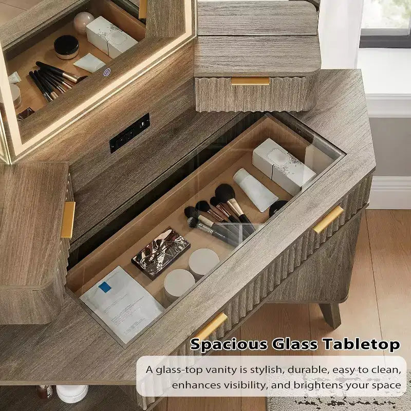 Mobile Toeletta Angolare con Specchio LED e Stazione di Ricarica, Tavolo da Trucco Scanalato da 122 cm con Piano in Vetro e Armadietti Contenitori