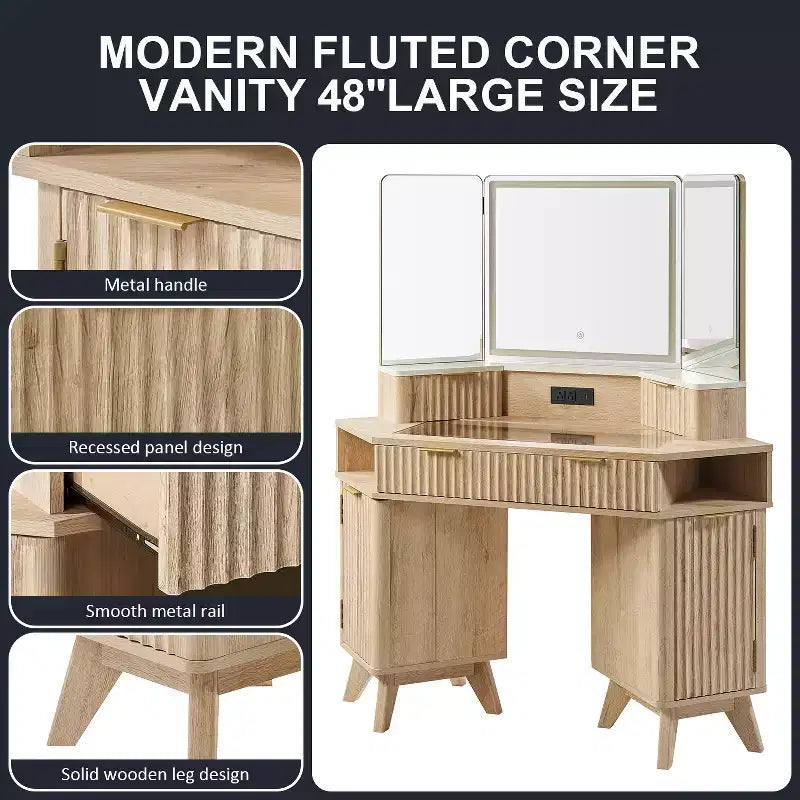 Mobile Toeletta Angolare con Specchio LED e Stazione di Ricarica, Tavolo da Trucco Scanalato da 122 cm con Piano in Vetro e Armadietti Contenitori